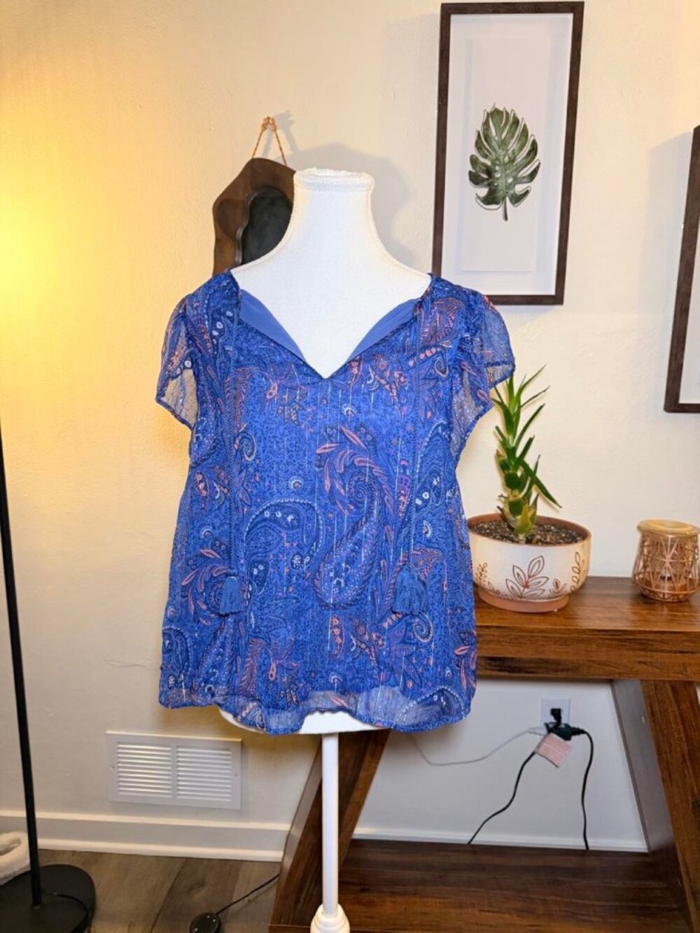 Lucky Brand Blue Orange Paisley Print Blouse Tassel Size M